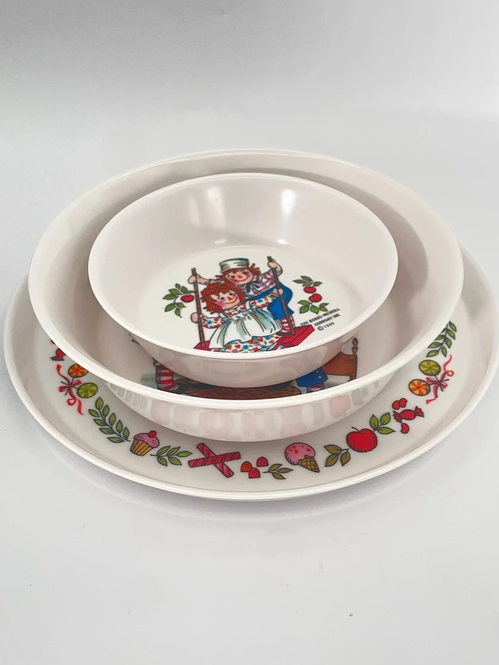 Vintage Oneida Deluxe Raggedy Ann & Andy 3 Pc Melamine Dinner Set 1969